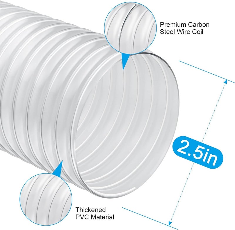 Elecoman 2 1/2" x 50' Heavy PVC Dust Collection Hose,Flexible Clear Debris and Fume Collection Hose with Stainless Steel Hose Clamps for Dust Collectors with 2 1/2" Ports, Ideal for Shop Vacuums - Image 2